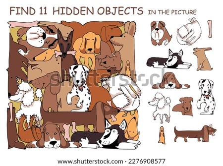 Various dogs. Find the hidden objects. An educational puzzle game for children. Sketch Vector illustration