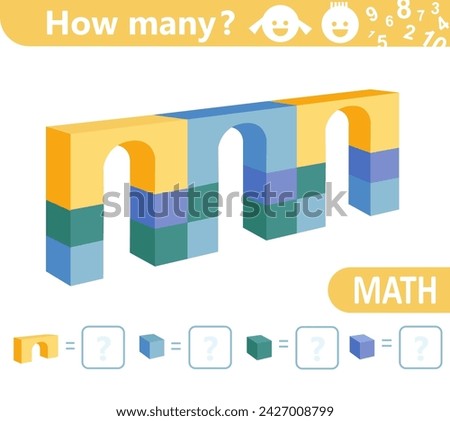 Arch bridge. Counting math game for kids. Geometric shapes construction. Educational mathematics puzzle. Count how many geometric shapes are in the picture and write the result. Vector illustration