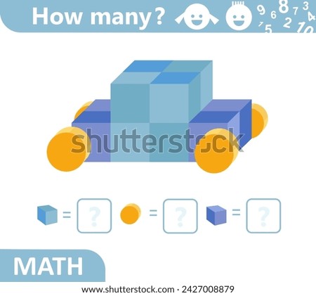 Car. Counting math game for kids. Geometric shapes automobile. Educational mathematics puzzle. Count how many geometric shapes are in the picture and write the result. Sketch vector illustration
