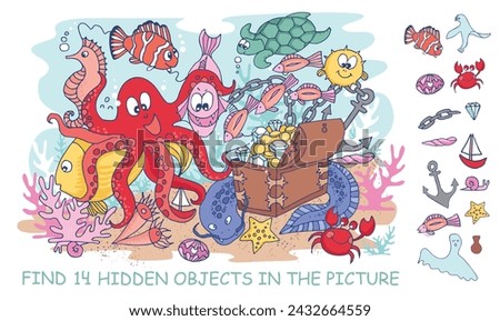 Find hidden objects in the picture. Underwater world. Marine animals and fish life. Hidden object puzzle game. Sketch vector illustration of funny cartoon characters. 