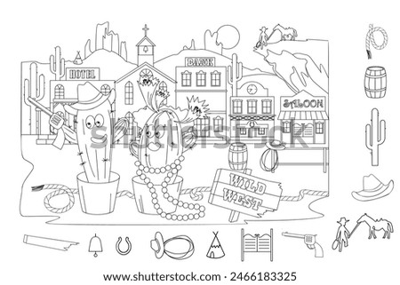 Find and color hidden objects. Wild West Cactus cowboy and cowgirl. Cacti flowers pots. Landscape with Western city. Coloring page. Puzzle Hidden Items. Game for kids. Sketch vector illustration