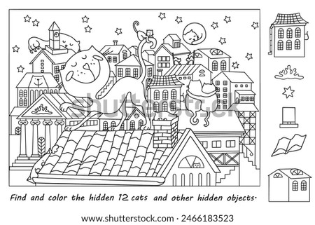 Find and color the hidden objects. Cats on the roofs of city houses at night. Coloring page. Puzzle game for kids. Printable education worksheet. Sketch vector illustration.