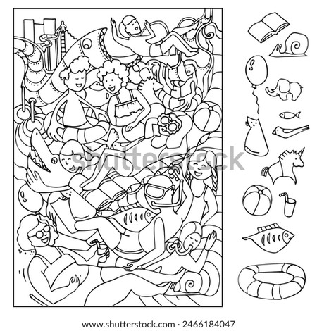 Find and color the hidden objects. Kids in aquapark, amusement aqua park with water attractions, riding slide, girl and boy swimming in pool on inflatable ring. Coloring page. Sketch vector 