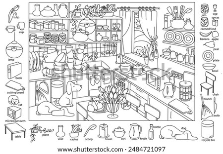 Find and color hidden objects in the picture. Kitchen interior with furniture and home objects. Cozy family eating room. Linear sketch vector illustration.