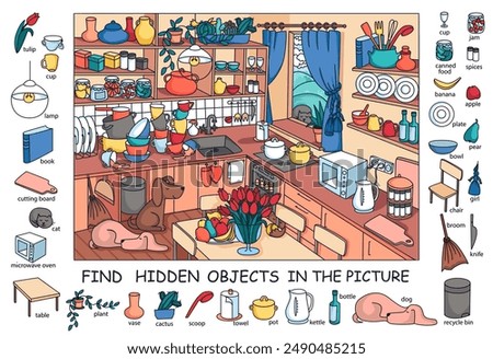 Find hidden objects in the picture. Kitchen interior with furniture and home objects. Cozy family eating room. Linear sketch vector illustration.