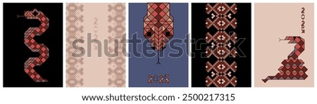 Snake and viper skin pattern. Chinese New year 2025 Zodiac sign, year of the Snake. Set of cards with geometric simple design. Sketch vector illustration