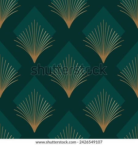 Seamless pattern with golden elements on deep green background. Art deco style. Art deco style. Vector background