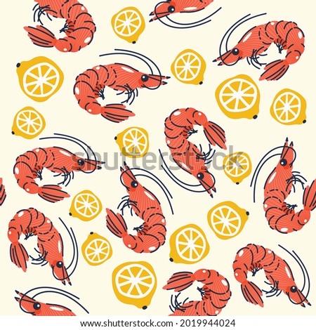 Seamless pattern, background, wrapping paper, illustration, postcard, print with colorful cute shrimps and lemons in vector
