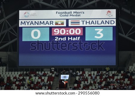 Kallang,Singapore - JUNE 15:Show scoreboards of Singapore National Stadium  during the 28th SEA Games Singapore 2015 match between Thailand and Myanmar at Singapore National Stadium on JUNE15 2015