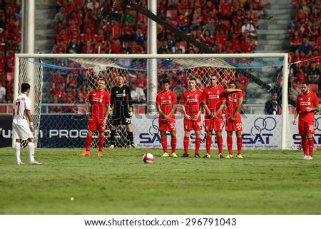 BANGKOK THAILAND JULY 14:Players of Liverpool in action during friendly match Thailand All-Stars and Liverpool at Rajamangala Stadium on July 14, 2015 in Bangkok,Thailand.