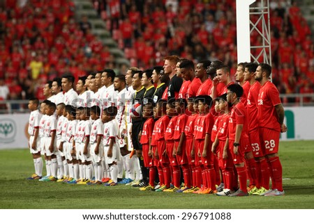 BANGKOK THAILAND JULY 14:Players of Liverpool and Thailand All-Stars line up during friendly match Thailand All-Stars and Liverpool at Rajamangala Stadium on July 14, 2015 in Bangkok,Thailand.