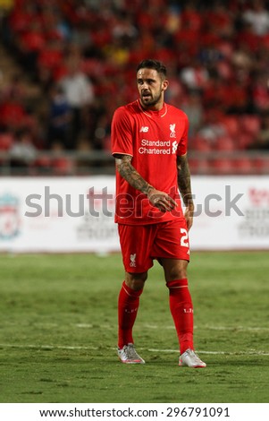 BANGKOK THAILAND JULY 14:Danny Ings of Liverpool in action during friendly match Thailand All-Stars and Liverpool at Rajamangala Stadium on July 14, 2015 in Bangkok,Thailand.
