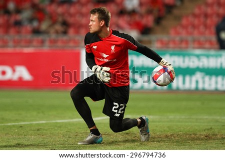 BANGKOK THAILAND JULY 14:Simon Mignolet of Liverpool in action during friendly match Thailand All-Stars and Liverpool at Rajamangala Stadium on July 14, 2015 in Bangkok,Thailand.