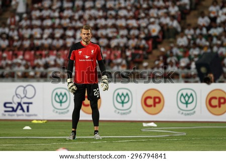 BANGKOK THAILAND JULY 14:Simon Mignolet of Liverpool in action during friendly match Thailand All-Stars and Liverpool at Rajamangala Stadium on July 14, 2015 in Bangkok,Thailand.