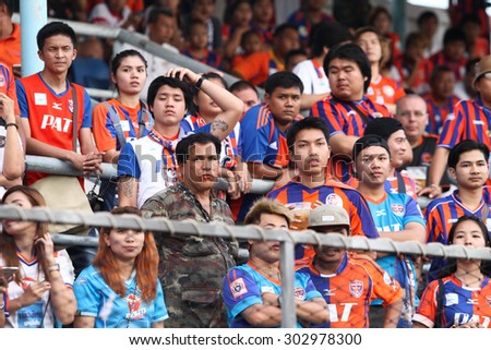 SARABURI THAILAND-AUGUST 2:Unidentified fans of Thai Port Fc supporters during Thai Premier League between Saraburi Fc and Thai Port Fc at Saraburi Stadium on August 2,2015 in Saraburi Thailand