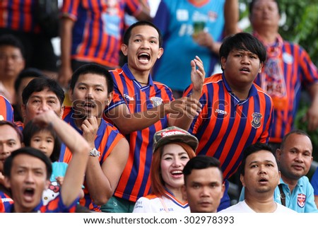SARABURI THAILAND-AUGUST 2:Unidentified fans of Thai Port Fc supporters during Thai Premier League between Saraburi Fc and Thai Port Fc at Saraburi Stadium on August 2,2015 in Saraburi Thailand