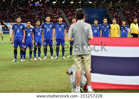 Kallang Singapore JUNE13:Thai National team in action during 28th SEAGames Singapore2015 match between Thailand and Indonesia at Singapore National Stadium on JUNE13 2015