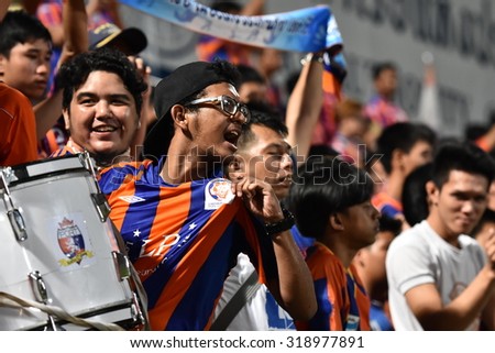 BANGKOK THAILAND-SEP20 :Unidentified fans of Thai Port Fc in action during Thai Premier League2015 between Thai Port Fc and Chonburi F.C. at PAT Stadium on September20,2015 in Bangkok Thailand