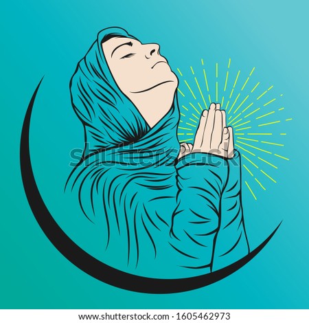 Praying hands of women wearing hijab with sun burst in hand. Easily to put an object. Vector eps 10