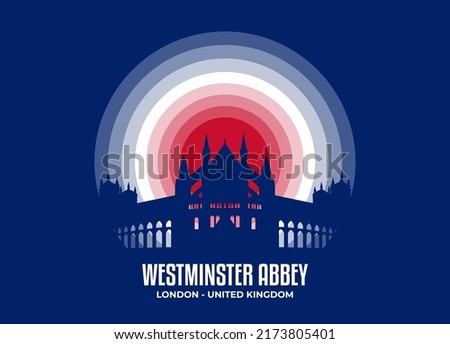 Westminster Abbey illustration. Famous statue and building in moonlight illustration. Color tone based on official country flag. Vector eps 10.