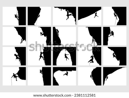 High details silhouette of climbing collection. Minimal symbol and logo of sport. Fit for element design, background, banner, backdrop, cover, logotype. Isolated on white background. Vector Eps 10.