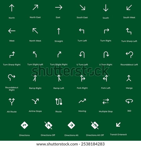 Arrow icon set. Navigation on map. Solid icons collection. Minimal and classic symbol. Fit for map, digital navigation, directions, destination. Vector Eps 10.