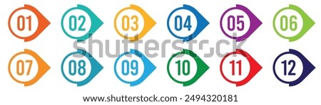 Number bullet point 1 to 12 vector set in multi color.