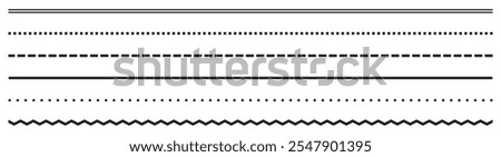 Set of seamless divider straight lines of different styles dots, zigzag, dashes, square. Vector illustration