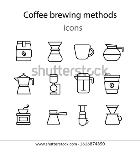 Coffee brewing methods, brew bar line icon set vector illustration. Contains an icon such as a cup, cezve, coffee pack, v60, siphone, aeropress  and more.