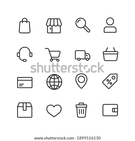 E commerce simple thin line icon vector illustration. Shopping cart, search , market, shop, delivery box, car, delivery, location, heart, support, credit card, discount and more.
