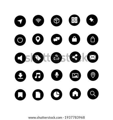 Simple icon set vector illustration. Navigation point, wifi, calculator, pin, onoff, chat, recycle sign, lock, download, location, letter , gallery, bookmark, home, share, parcel, sound, diagram.