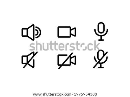 Video conference, webinar, video chat simple thin line icon set vector illustration. Speaker, microphone, video camera.