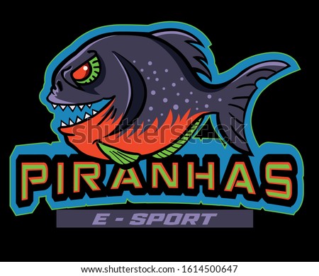 Professional furious pirana vector logo for sports and e-sports teams set on black background. T-shirt print illustration. 