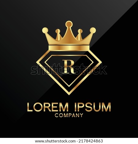 Gold Diamond and Crown R Letter Logo Design vector Template