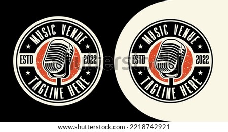 Karaoke music club, bar, audio record studio, festival, stand up, vector logo with retro old microphone. Vintage style logo. Shape of vinyl record orange and black
