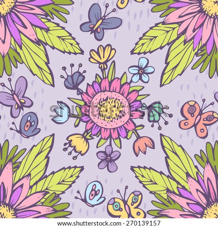 Seamless Cute Floral Pattern Flowers And Butterflys Cool Colors Purple Background Style Children S Drawing Can Be Used For Curtains Wallpaper Pattern Fills Web Page Background Surface Textures Stock Images Page Everypixel