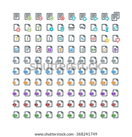Set of 100 Document Colored Icons. File Extension. File Types. Operations with Documents