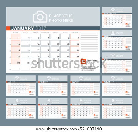 Calendar Template for 2017 Year. Vector Illustration. Week Starts on Sunday