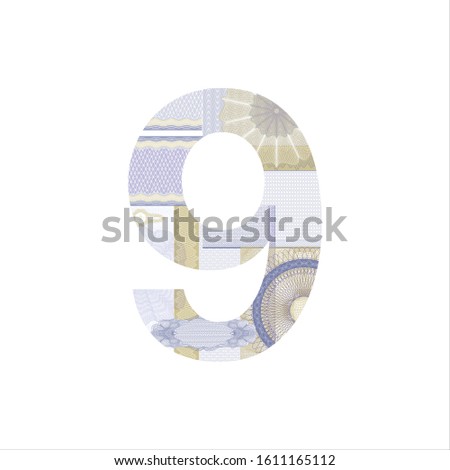 Number 9 Guilloche background texture - gradient zig zag. For certificate, voucher Vector illustration