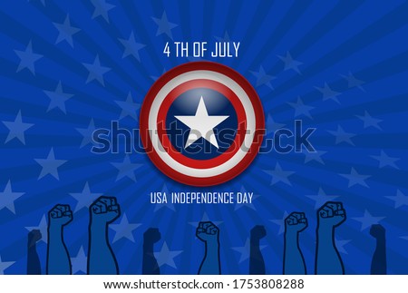 4th of July greeting card with American star shield and protesters. Stars background. United States national colors and. Independence Day. Vector illustration.