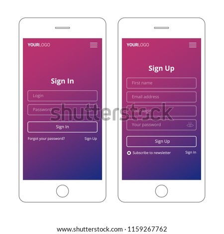 Login screen and Sign In form template for mobile app or website design. UI, UX, user interface and experience