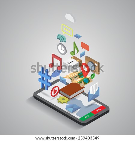 Mobile smartphone services and applications. Isometric illustration