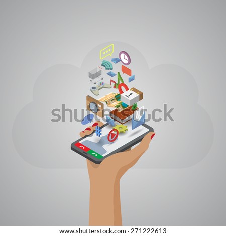 Mobile smartphone services and applications. Isometric illustration