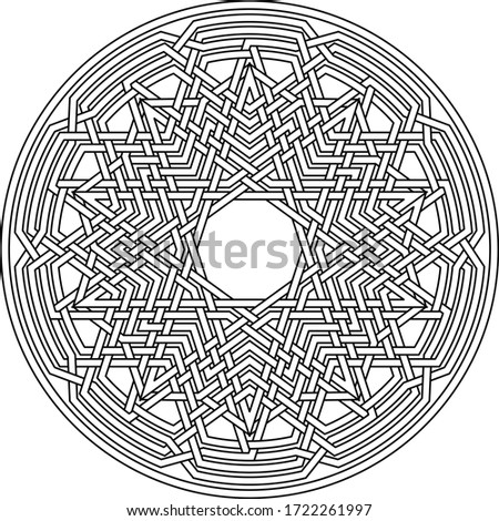 Celtic star Decagram vector pattern ornament with circular circle and floral geometric background inside single huge circular decagon lining vector background coloring book
