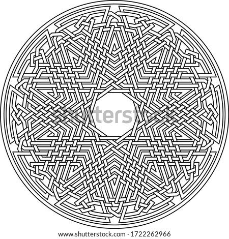 Celtic star Decagram vector pattern ornament with circular circle and floral geometric background inside single huge circular decagon lining vector background coloring book
