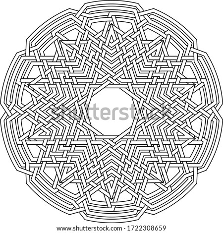 Celtic star Decagram vector pattern ornament with circular circle and floral geometric background inside single huge circular decagon vector background coloring book
