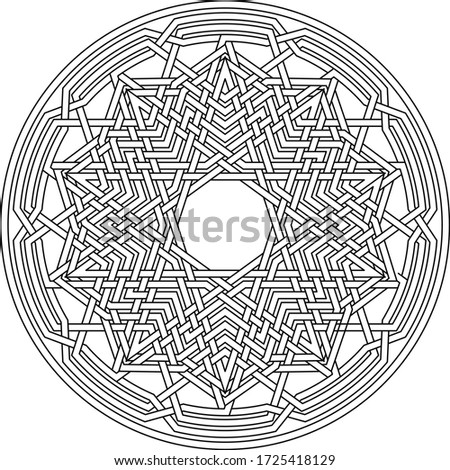Celtic star Decagram vector pattern ornament with circular circle and floral geometric background inside single huge circular decagon lining vector background coloring book
