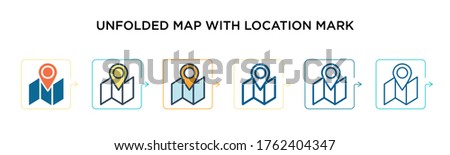Unfolded map with location mark vector icon in 6 different modern styles. Black, two colored unfolded map with location mark icons designed in filled, outline, line and stroke style. Vector 