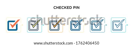 Checked pin vector icon in 6 different modern styles. Black, two colored checked pin icons designed in filled, outline, line and stroke style. Vector illustration can be used for web, mobile, ui