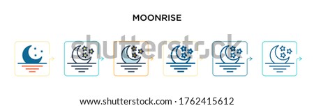 Moonrise vector icon in 6 different modern styles. Black, two colored moonrise icons designed in filled, outline, line and stroke style. Vector illustration can be used for web, mobile, ui